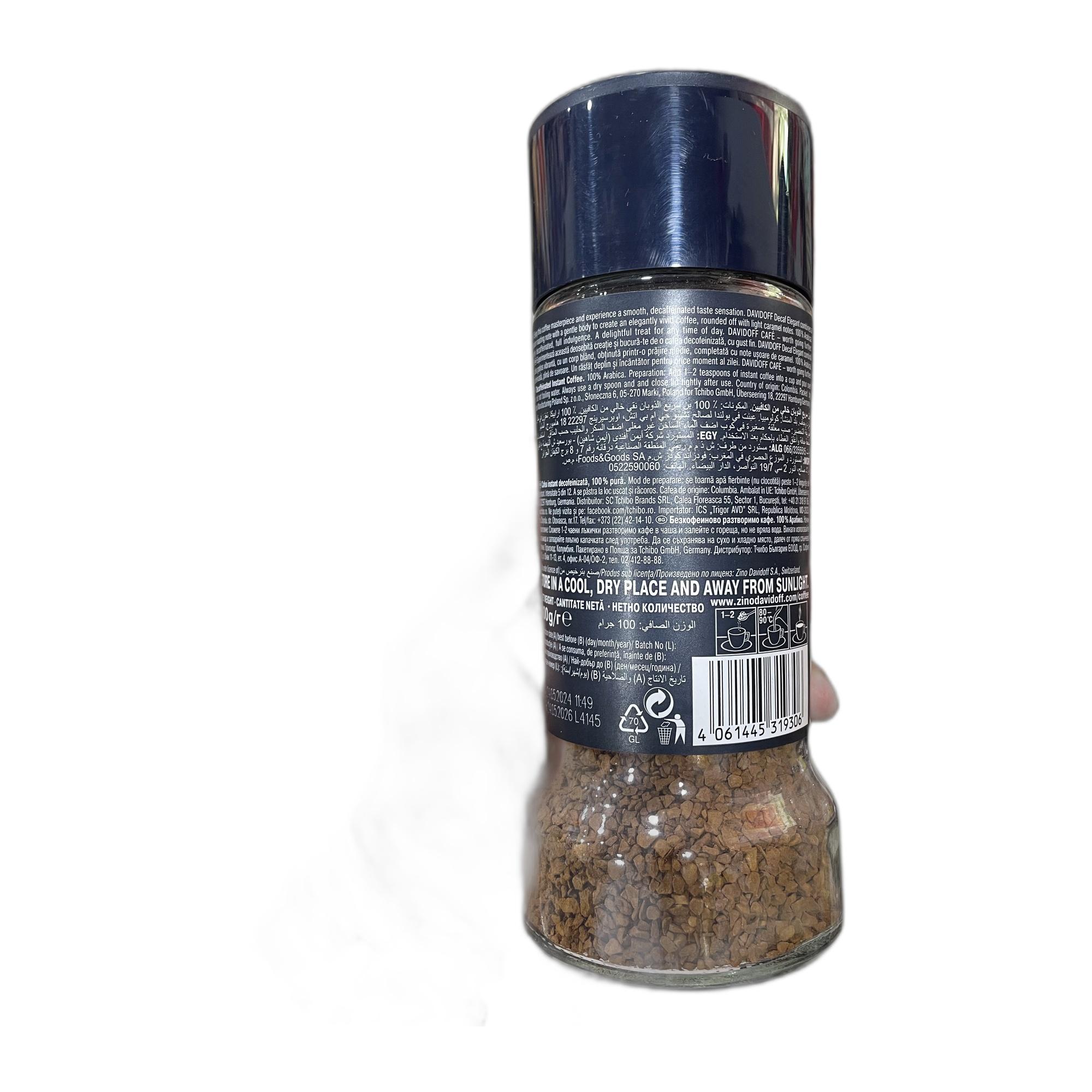 Davidoff Decaf Elegant Instant Coffee - 6/12 Intensity - 100% Arabica - 100g, Granule, Glass Bottle