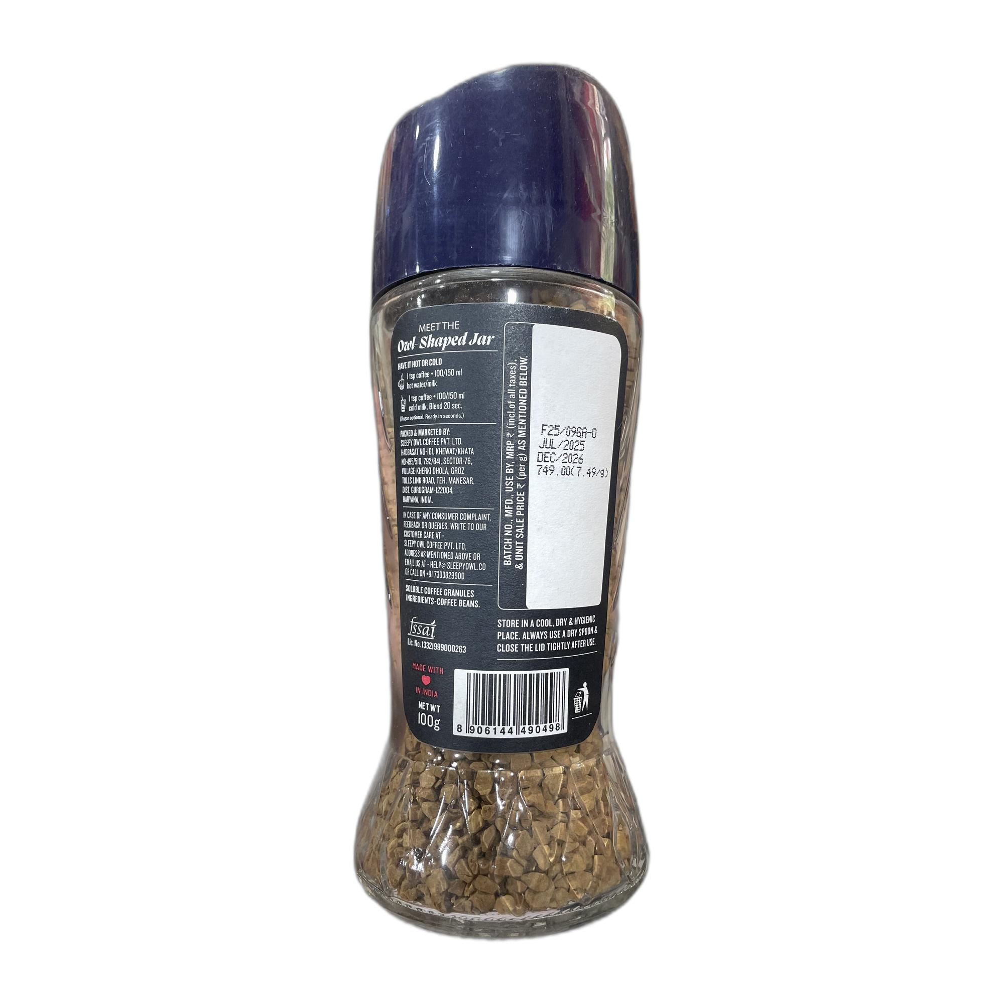 Sleepy Owl Original 100% Arabica Instant Coffee | Freeze Dried Coffee Powder - 100g | Make Café Style Hot or Cold Coffee, black Coffee, Cappuccino, Latte at Home