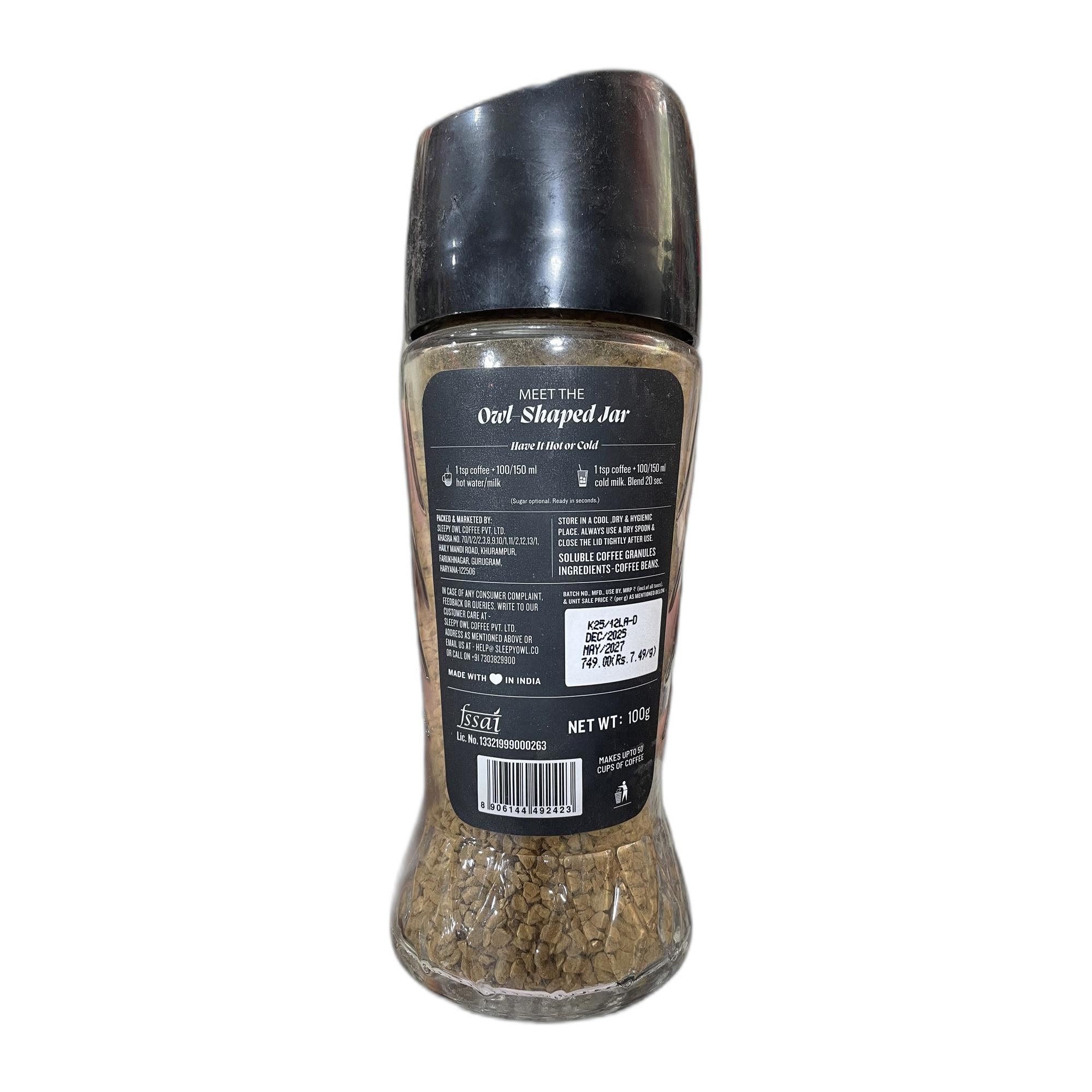 Sleepy Owl Dark Roast Coffee, 100% Pure Instant Coffee Powder 100g, Makes 50 Cups, Freeze-Dried for Freshness, Strong & Intense Coffee, Rich Café Taste, Have It Hot or Cold, Ready in Seconds