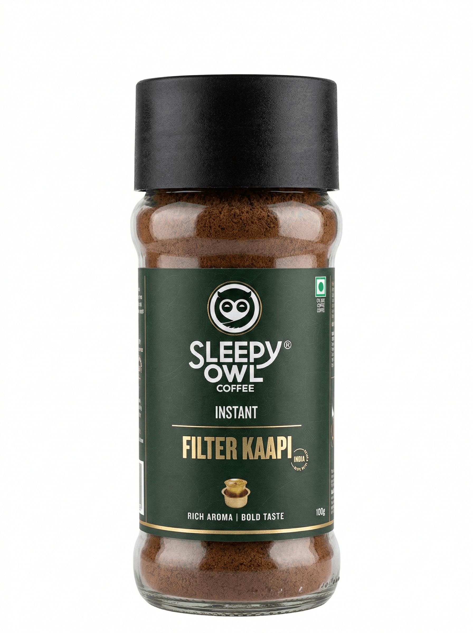 Tapper Tea: Sleepy Owl 100gm Filter Kaapi Premium Instant Coffee | Authentic Robusta & Chicory Blend | Filter Coffee Powder | Have It Milky & Frothy | Makes 50 Cups | Ready in Seconds