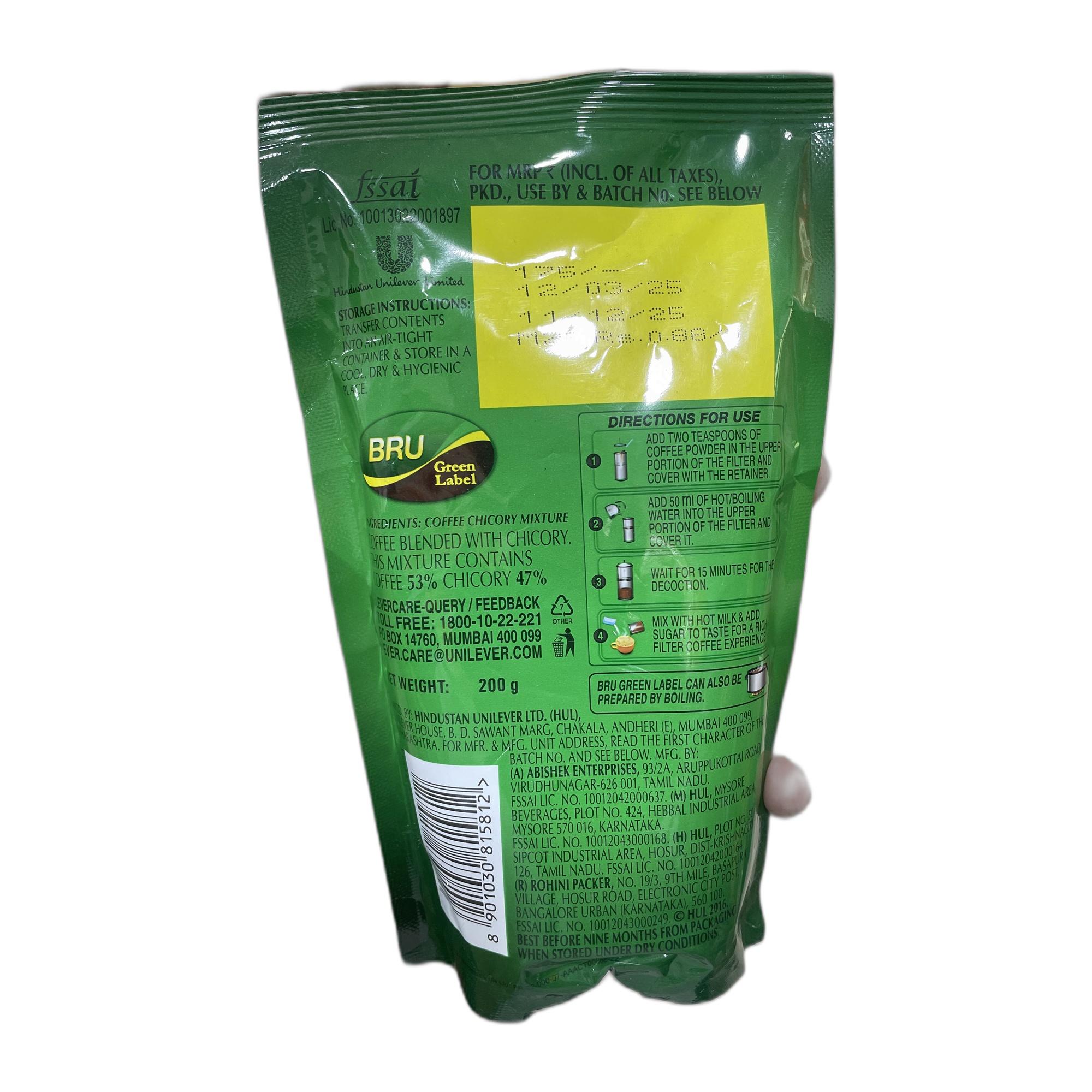 Bru Green Label Filter Coffee Powder 200 Gram Bag, Lightly Roasted Ground Coffee Beans From South India - Rich & Strong Blend Of Coffee & Chicory
