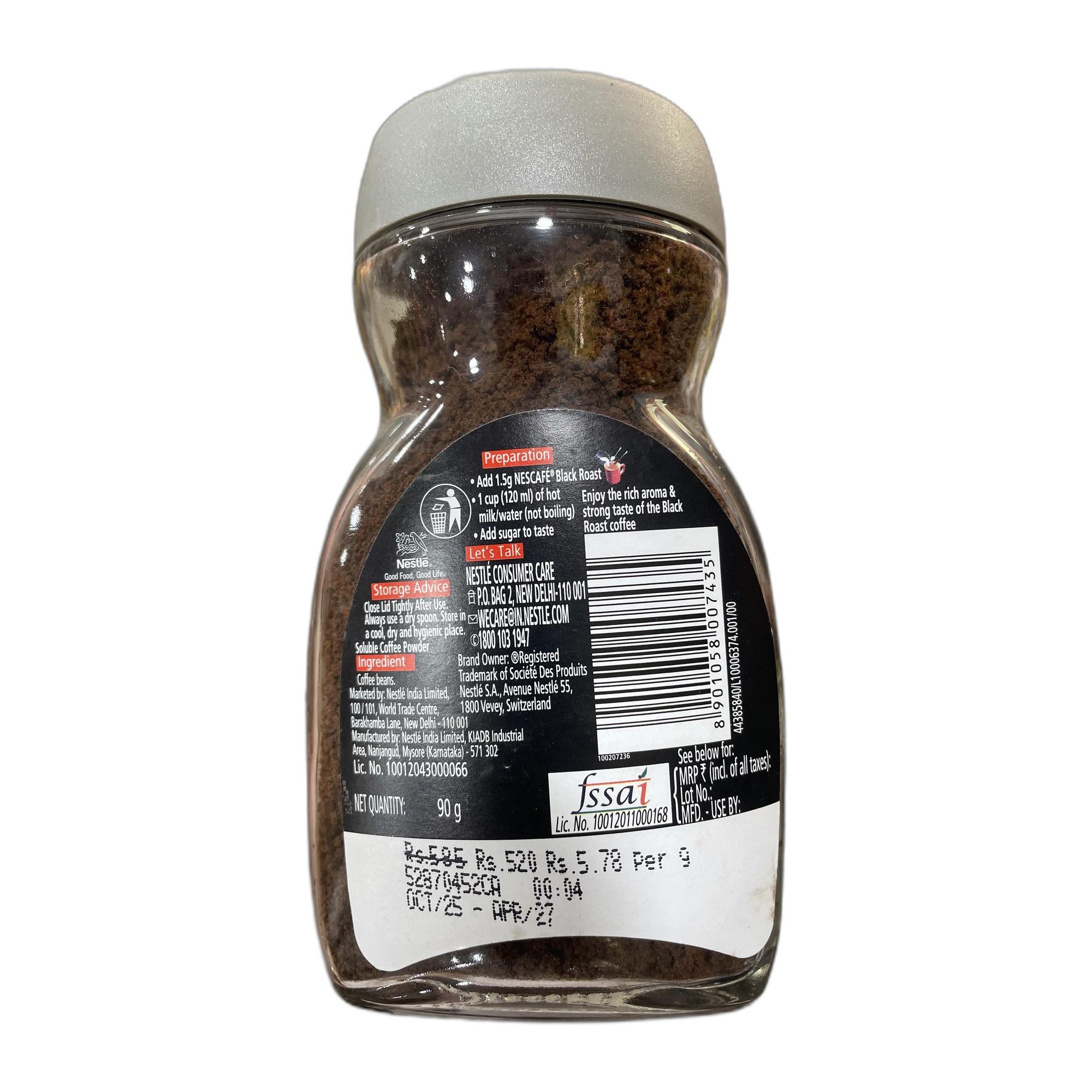 Nescafe Black Roast Instant Coffee | Roasted Longer For A Stronger Cup | Strong & Intense | 100% Pure Soluble Coffee Powder | 90g, Jar