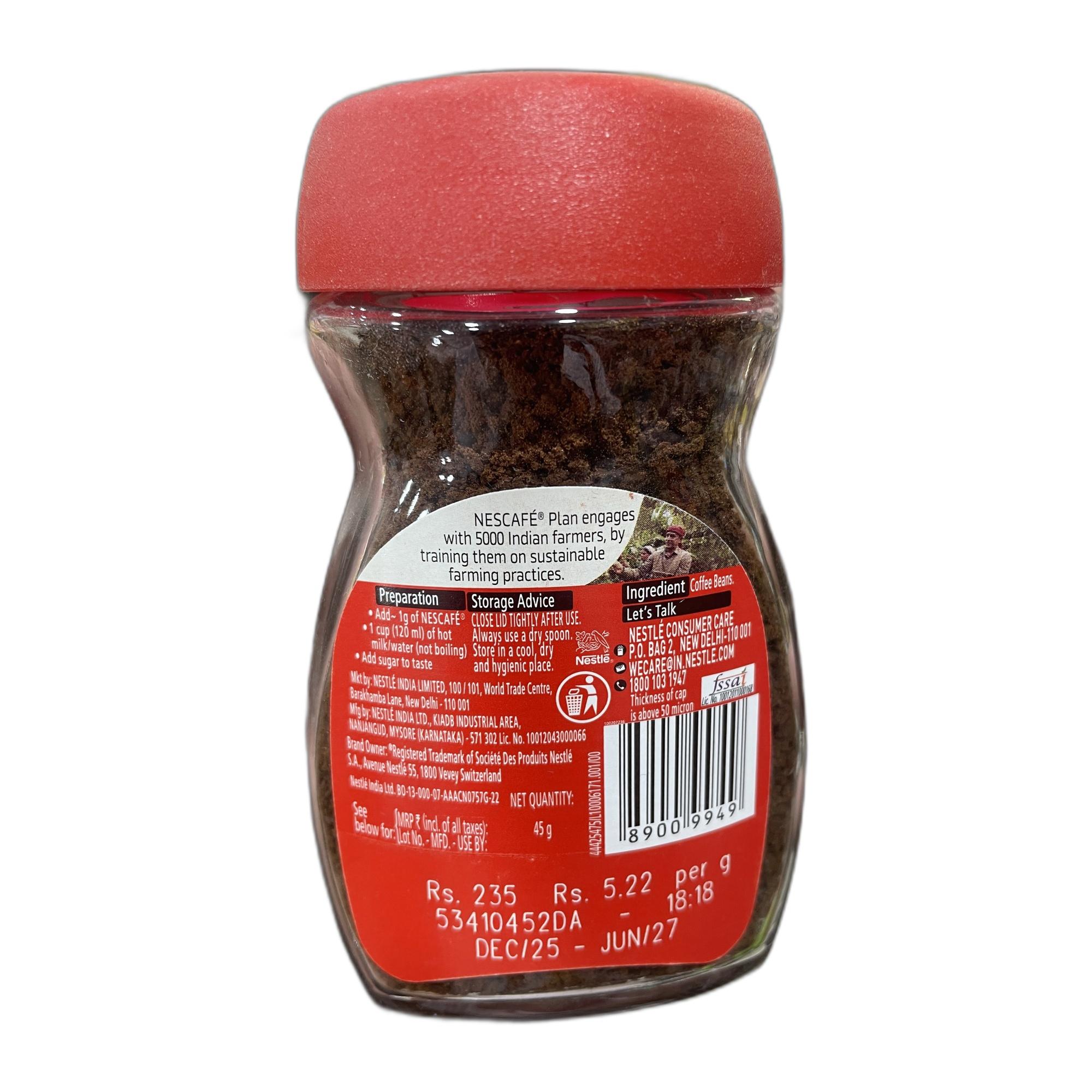 NESCAFE Classic Instant Coffee Powder | Great start to your morning | 100% Pure Coffee | 45g Jar