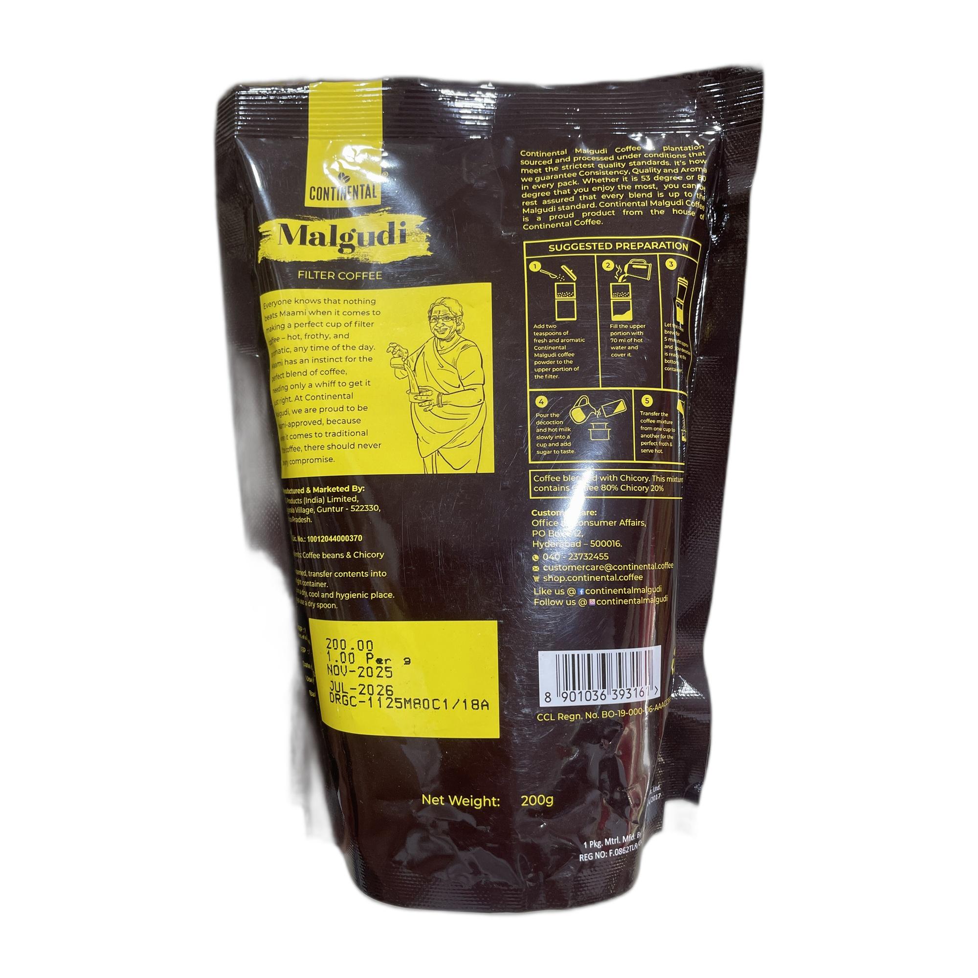Continental Malgudi Filter Coffee Powder | 500gm Pouch | 80% Coffee - 20% Chicory | Traditional South Indian | Roasted Ground| Smooth Flavour and Rich Aroma