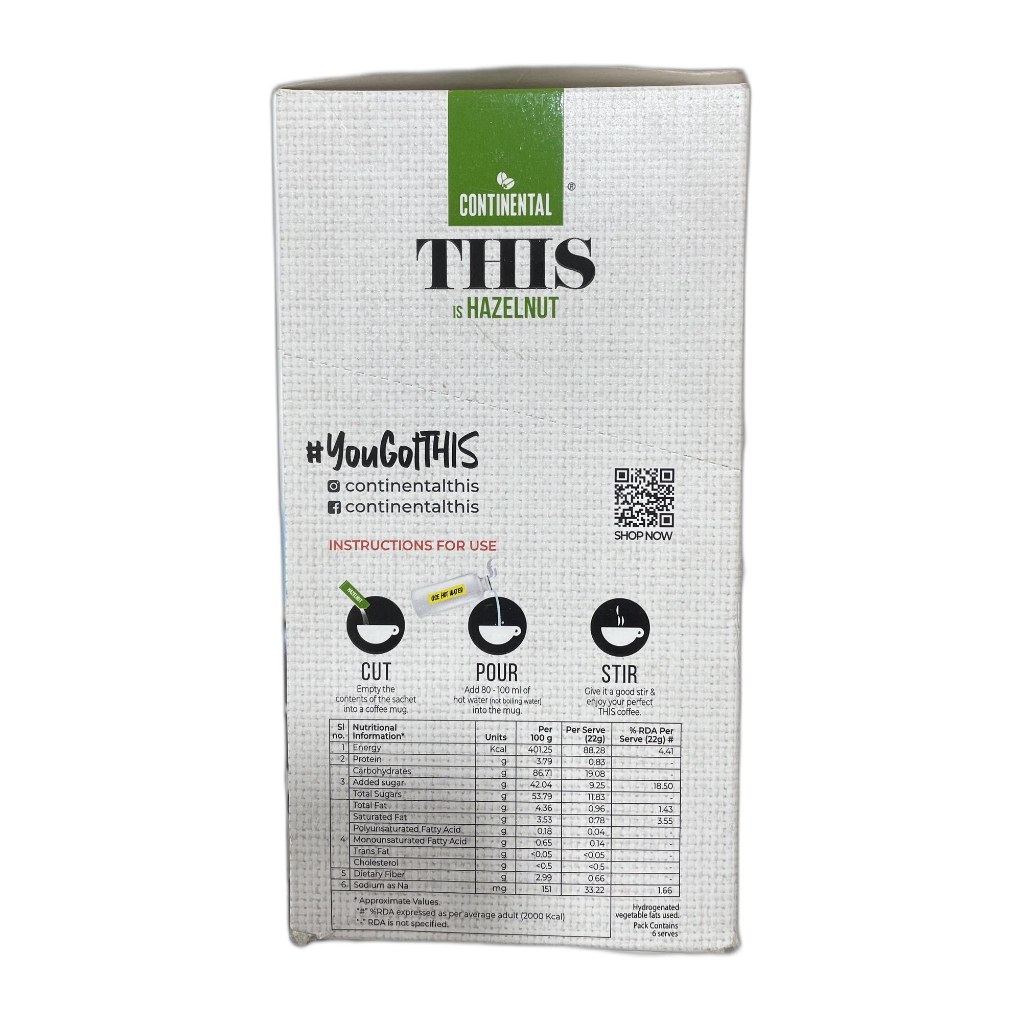 Continental THIS Hazelnut Instant Coffee Powder | 132g (6 Sachets, 22g per each) | 3In1 Instant Premix Flavoured Coffee | Smooth Flavour and Rich Taste | Just Add Hot Water | Cafe Like Coffee