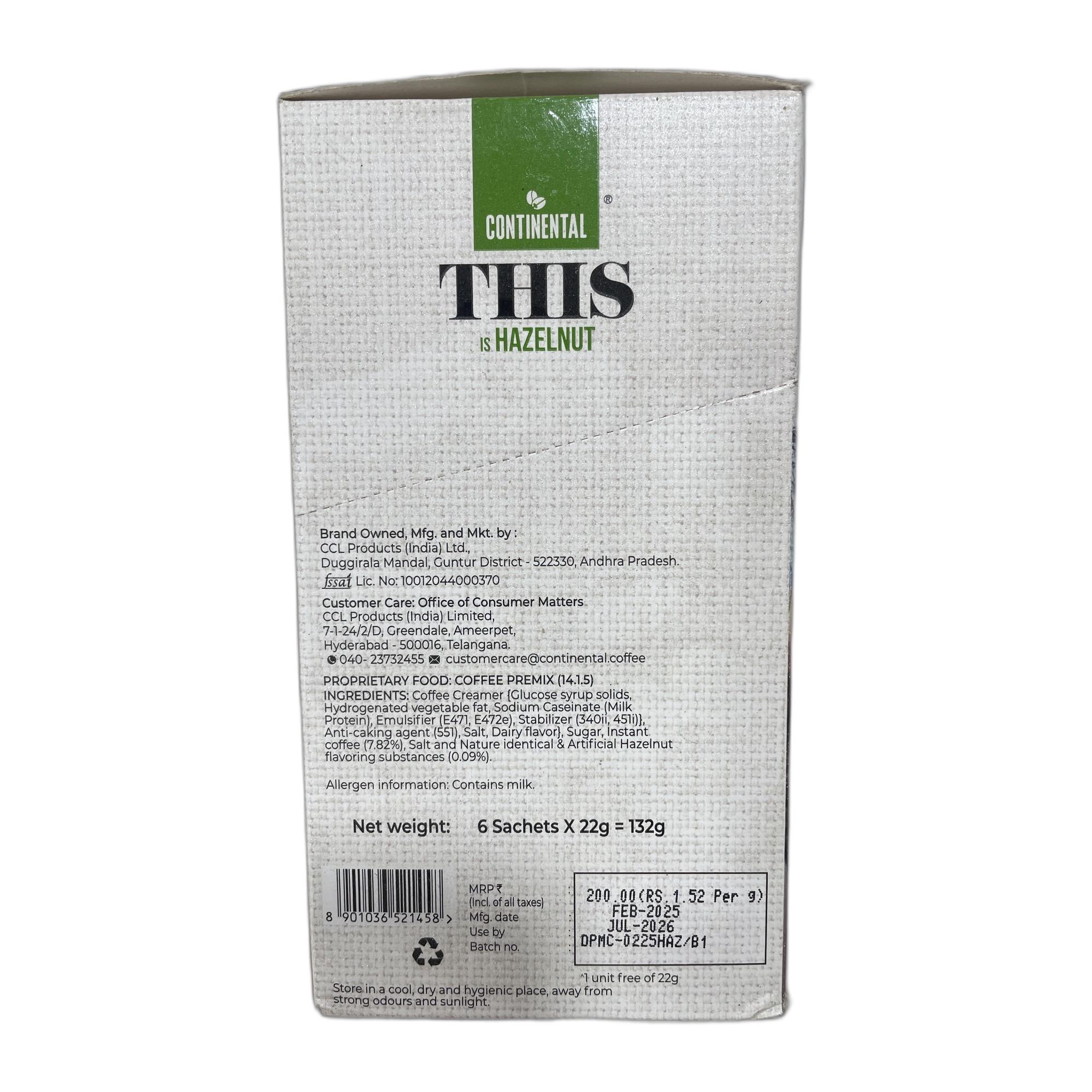 Continental THIS Hazelnut Instant Coffee Powder | 132g (6 Sachets, 22g per each) | 3In1 Instant Premix Flavoured Coffee | Smooth Flavour and Rich Taste | Just Add Hot Water | Cafe Like Coffee