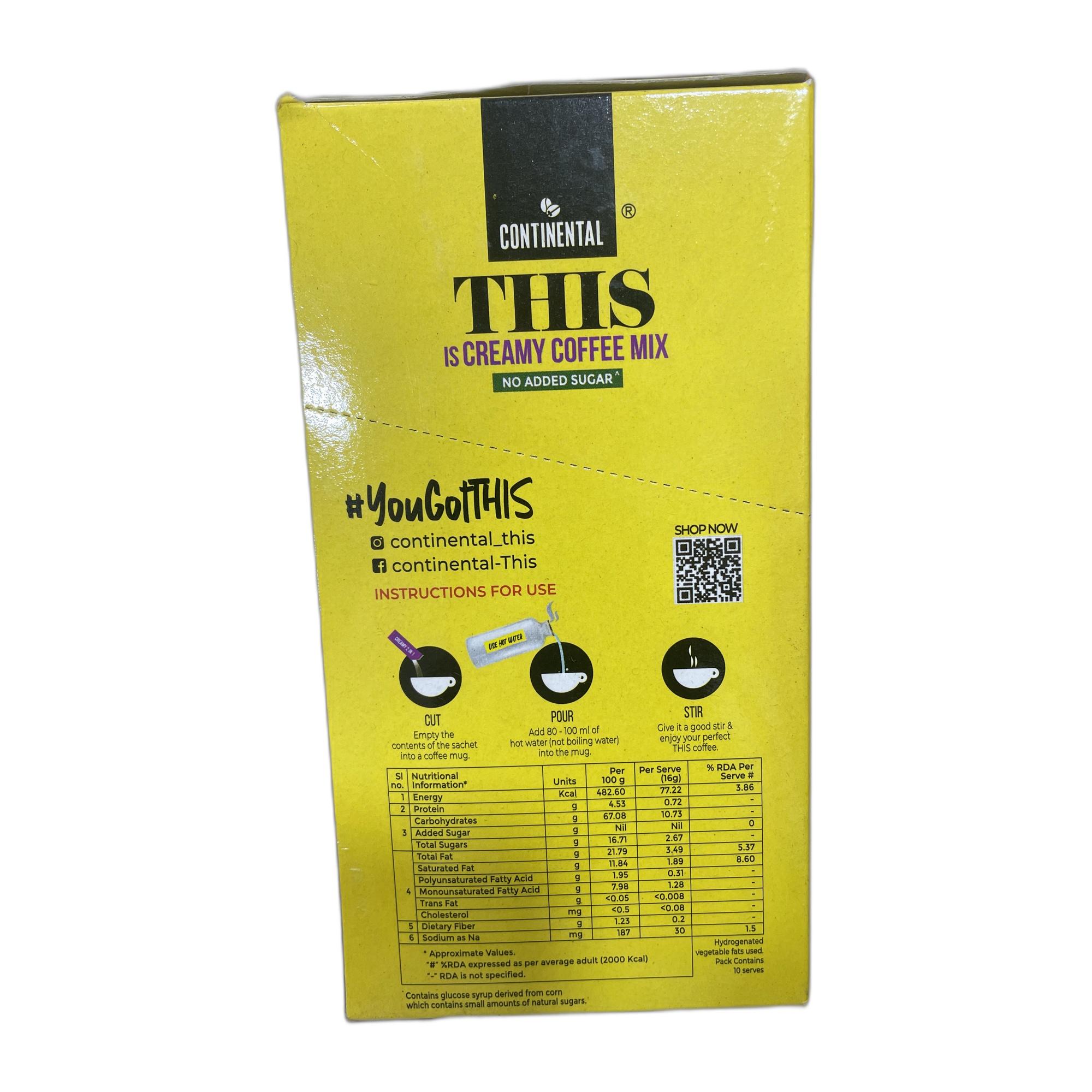 Continental THIS Creamy Instant Coffee Powder | 160g (10 Sachets, 16g per each) | 3In1 Instant Premix Flavoured Coffee | Smooth Flavour and Rich Taste | Just Add Hot Water | Cafe Like Coffee