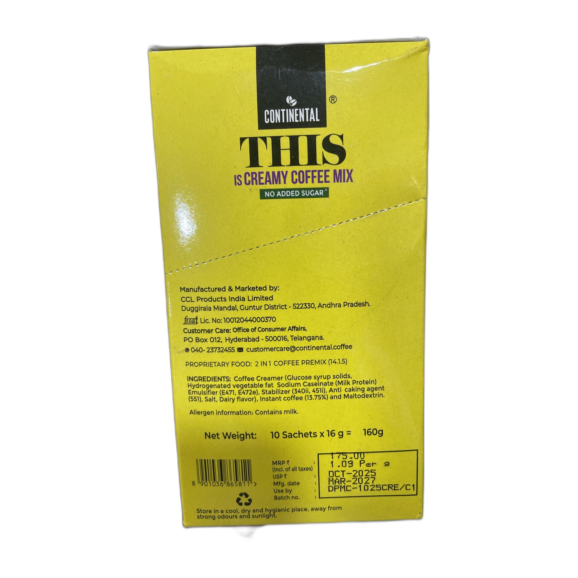 Continental THIS Creamy Instant Coffee Powder | 160g (10 Sachets, 16g per each) | 3In1 Instant Premix Flavoured Coffee | Smooth Flavour and Rich Taste | Just Add Hot Water | Cafe Like Coffee