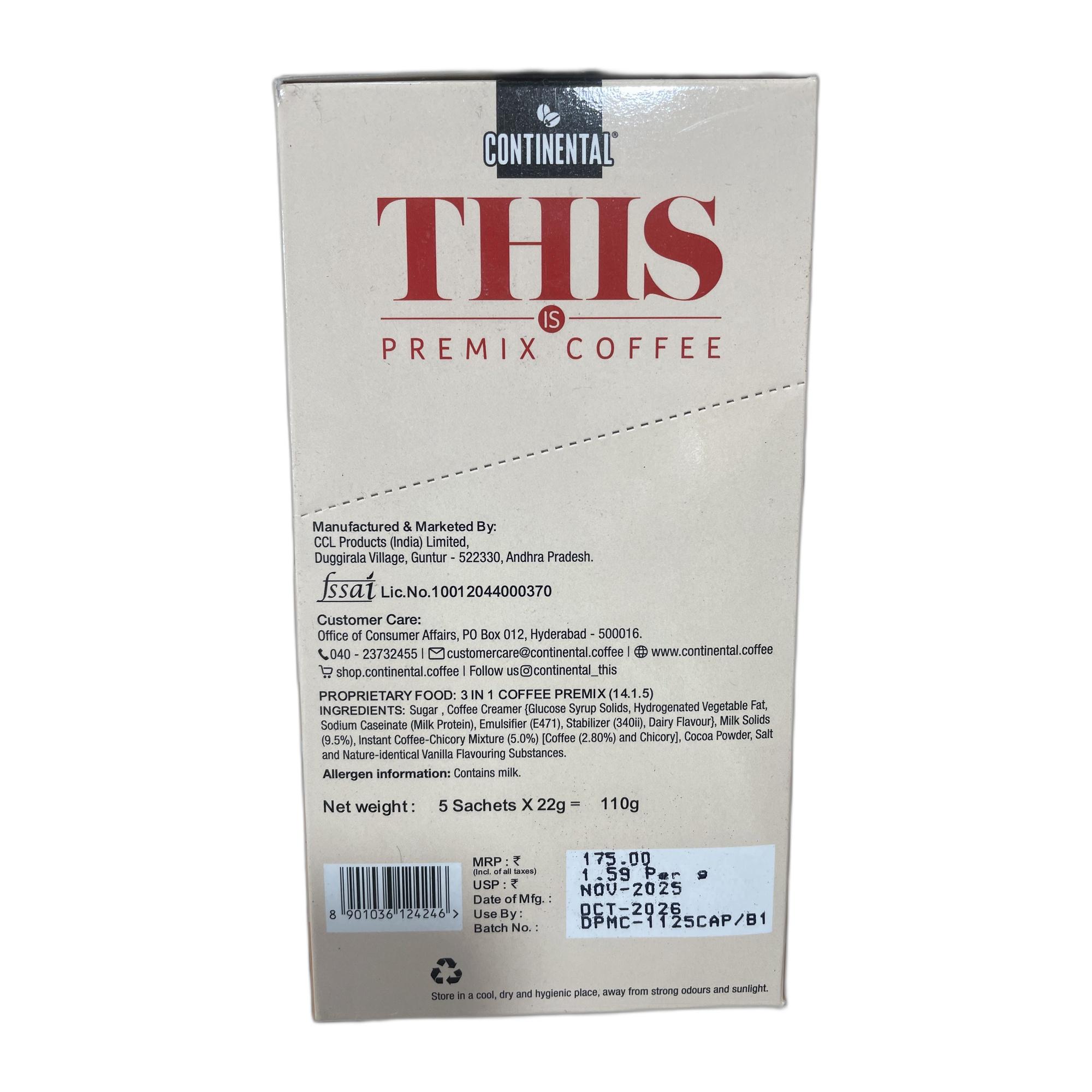 Continental THIS Cappuccino Instant Coffee Powder | 110g (5 Sachets, 22g per each) | 3In1 Instant Premix Flavoured Coffee | Smooth Flavour and Rich Taste | Just Add Hot Water | Cafe Like Coffee