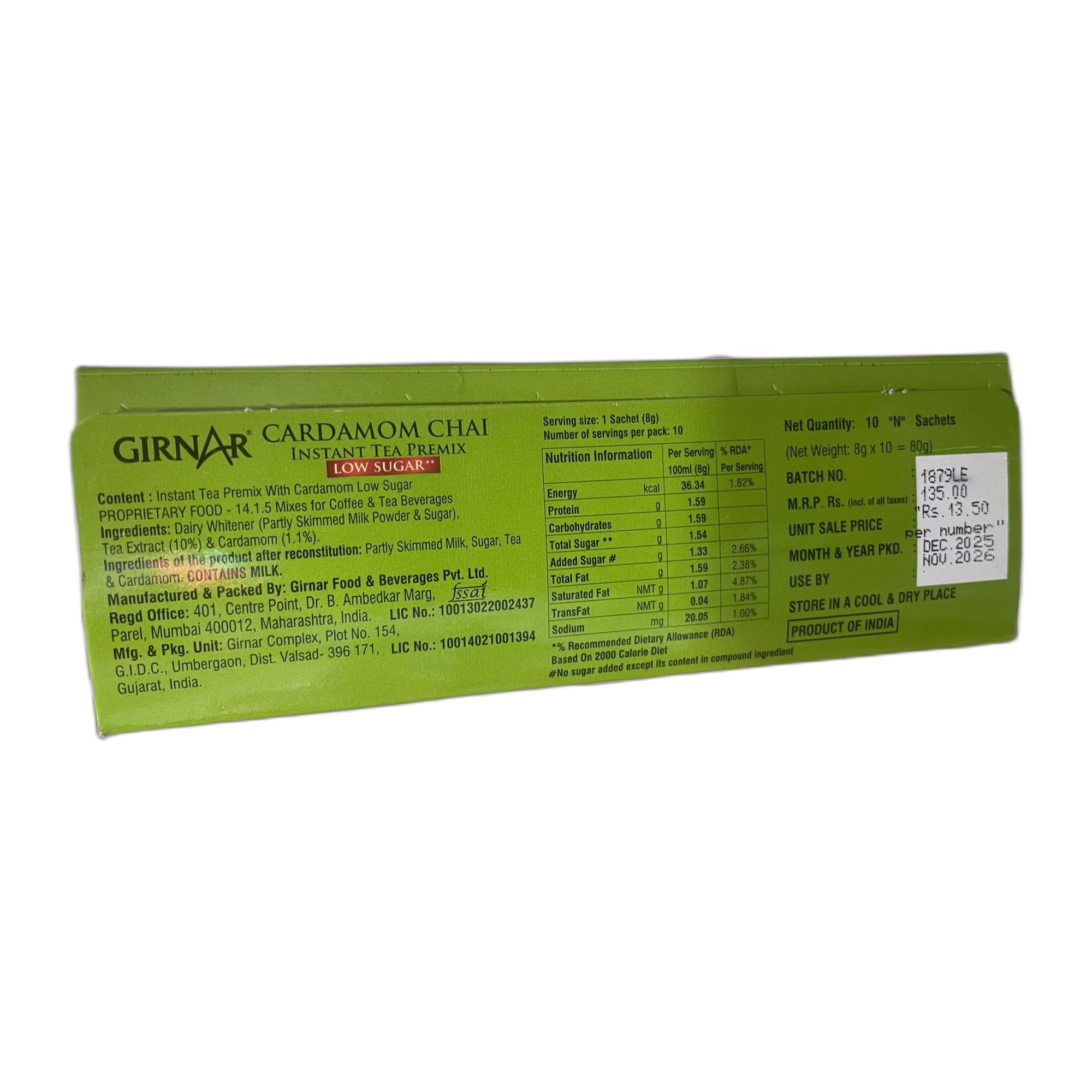 Girnar Instant Tea Premix With Cardamom Low Sugar (10 Sachets)