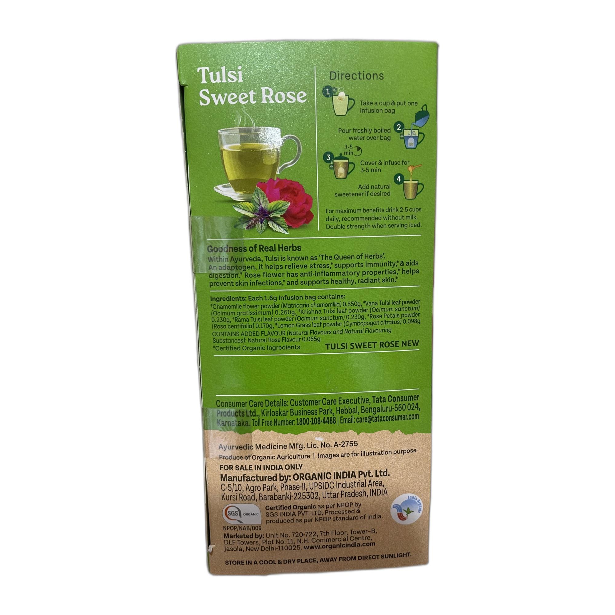 Organic India Tulsi Sweet Rose - 25 Tea Bags, Stress Relieving, Supports Radiant Skin, Rich in Antioxidants, Made with Tulsi, Chamomile, and Rose Certified Organic