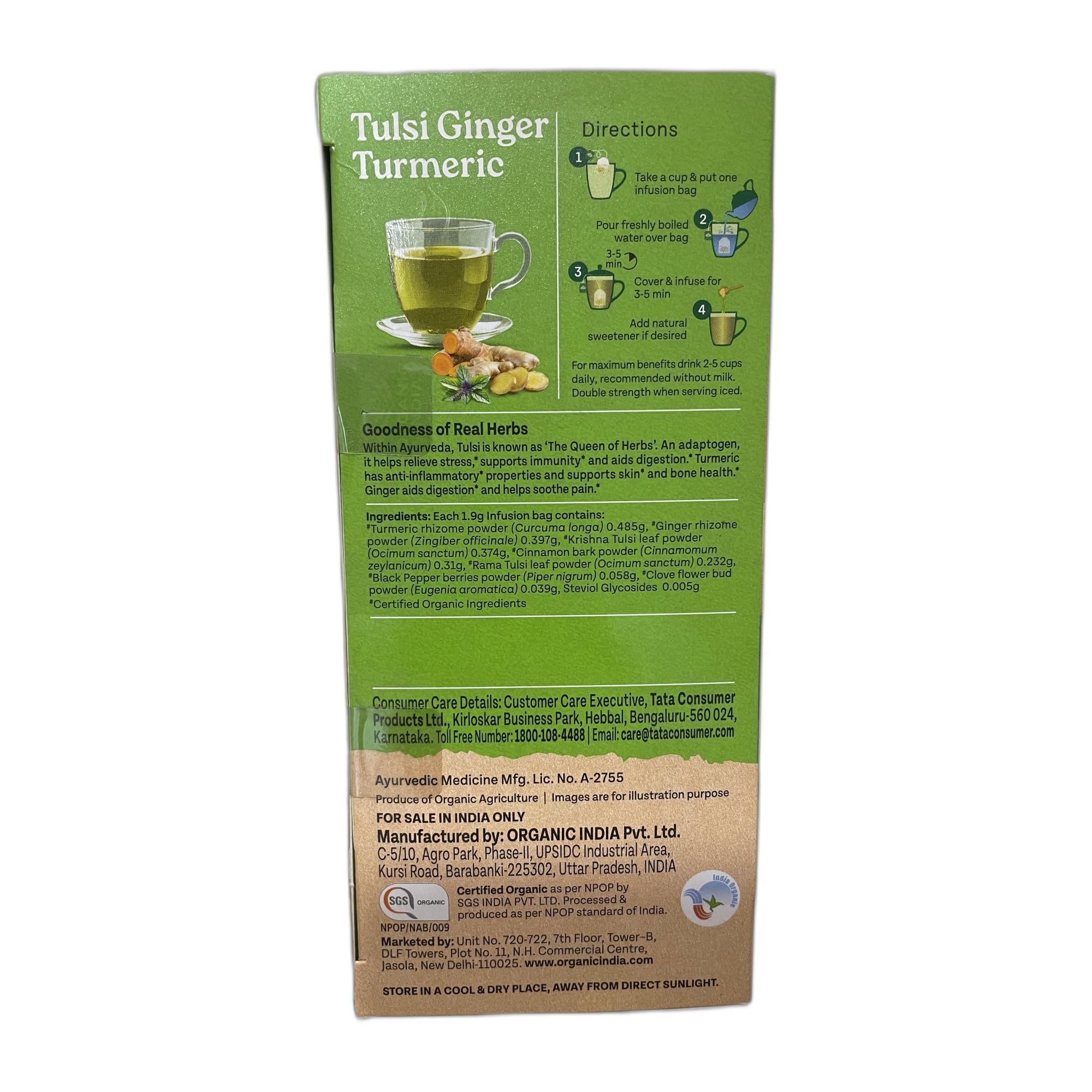 Organic India Tulsi Ginger Turmeric - 25 Tea Bags, Boosts Immunity, Supports Healing & Recovery, Rich in Antioxidants, Made with Tulsi, Turmeric, Cinnamon, and Pepper
