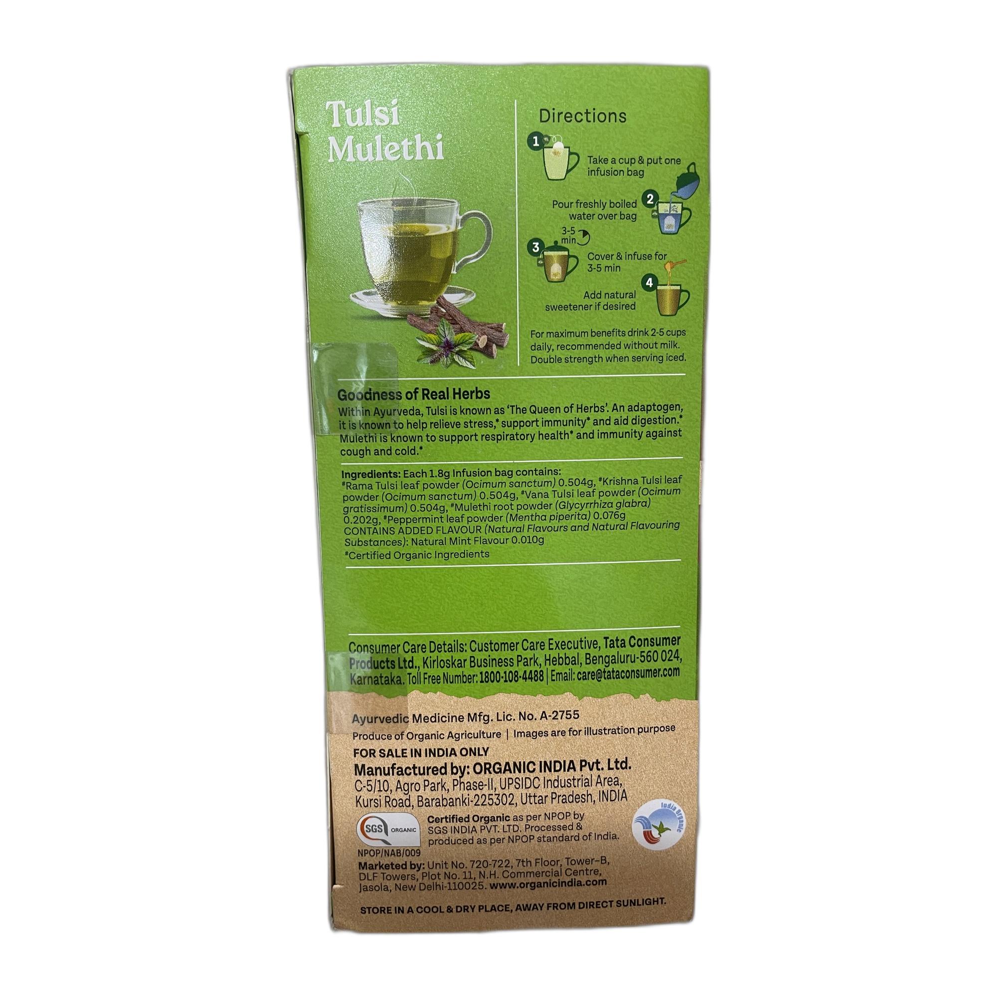 Organic India Tulsi Mulethi - 25 Tea Bags, Rich in Antioxidants, Eases Cough & Cold Symptoms, Stress Relieving, Boosts Immunity, Caffeine-Free, Whole Herbs Certified Organic
