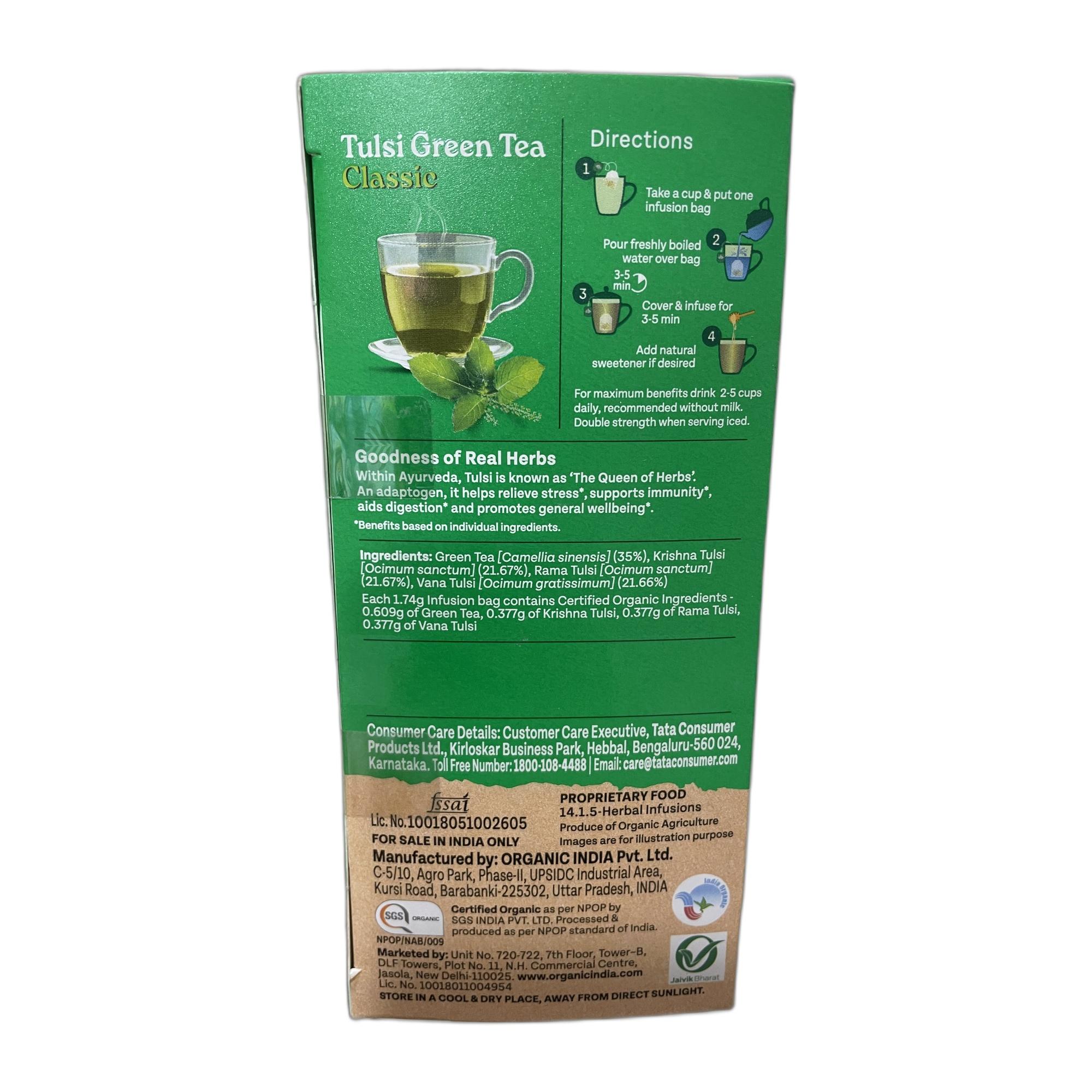 Organic India Tulsi Green Tea Classic - 25 Tea Bags, Uplifts Mood, Rich in Antioxidants, Blend of Rama, Krishna & Vana Tulsi, Certified Organic