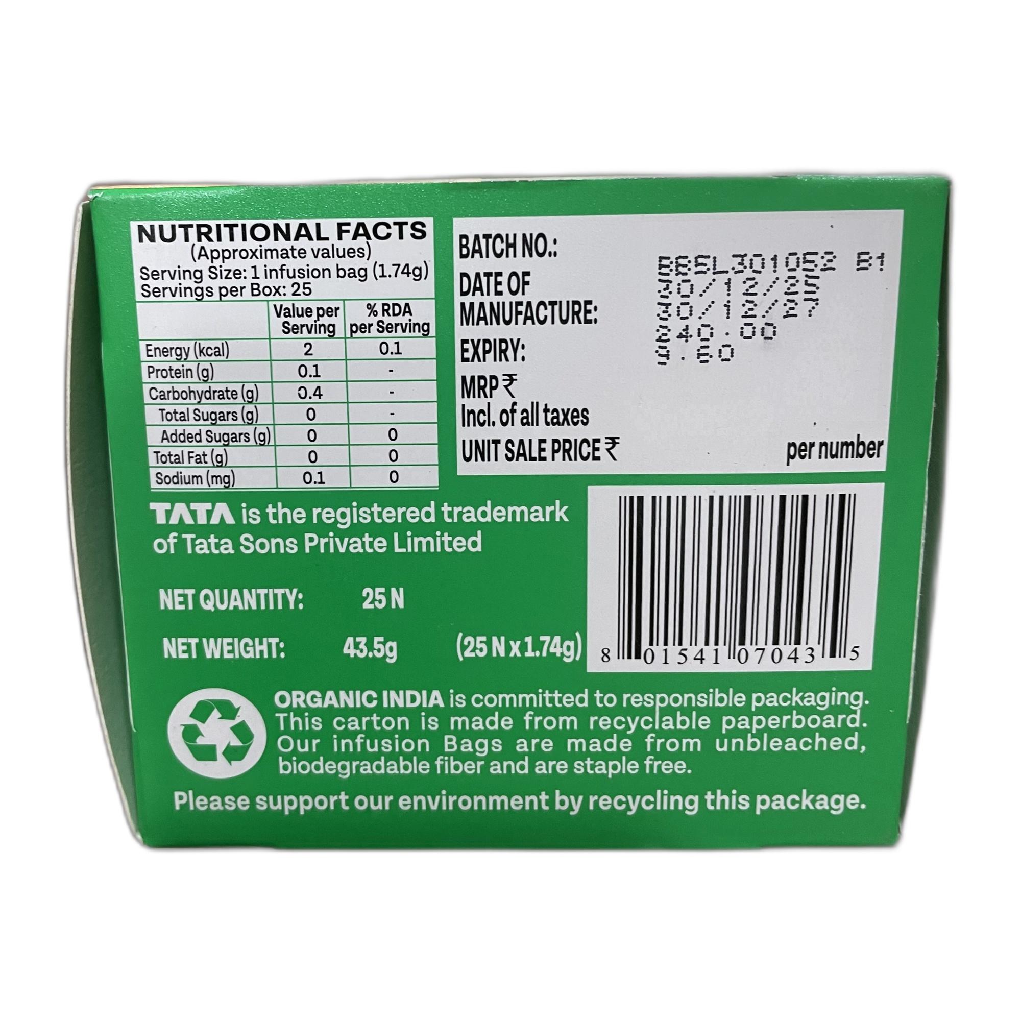 Organic India Tulsi Green Tea Classic - 25 Tea Bags, Uplifts Mood, Rich in Antioxidants, Blend of Rama, Krishna & Vana Tulsi, Certified Organic