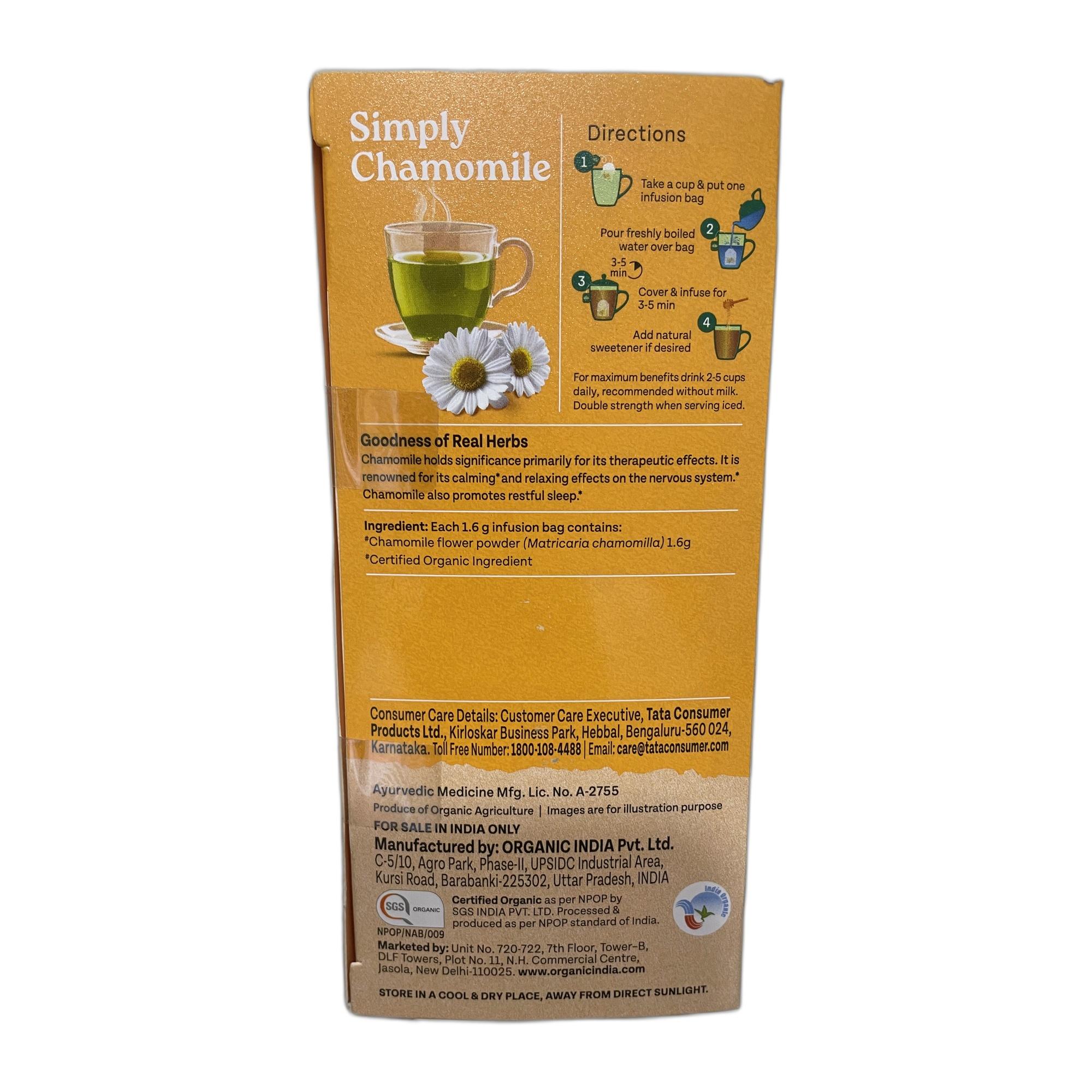 Organic India Simply Chamomile Infusion, 25 Tea Bags, Certified Organic, Soothing & Relaxing, Caffeine-Free, Whole Herb Blend