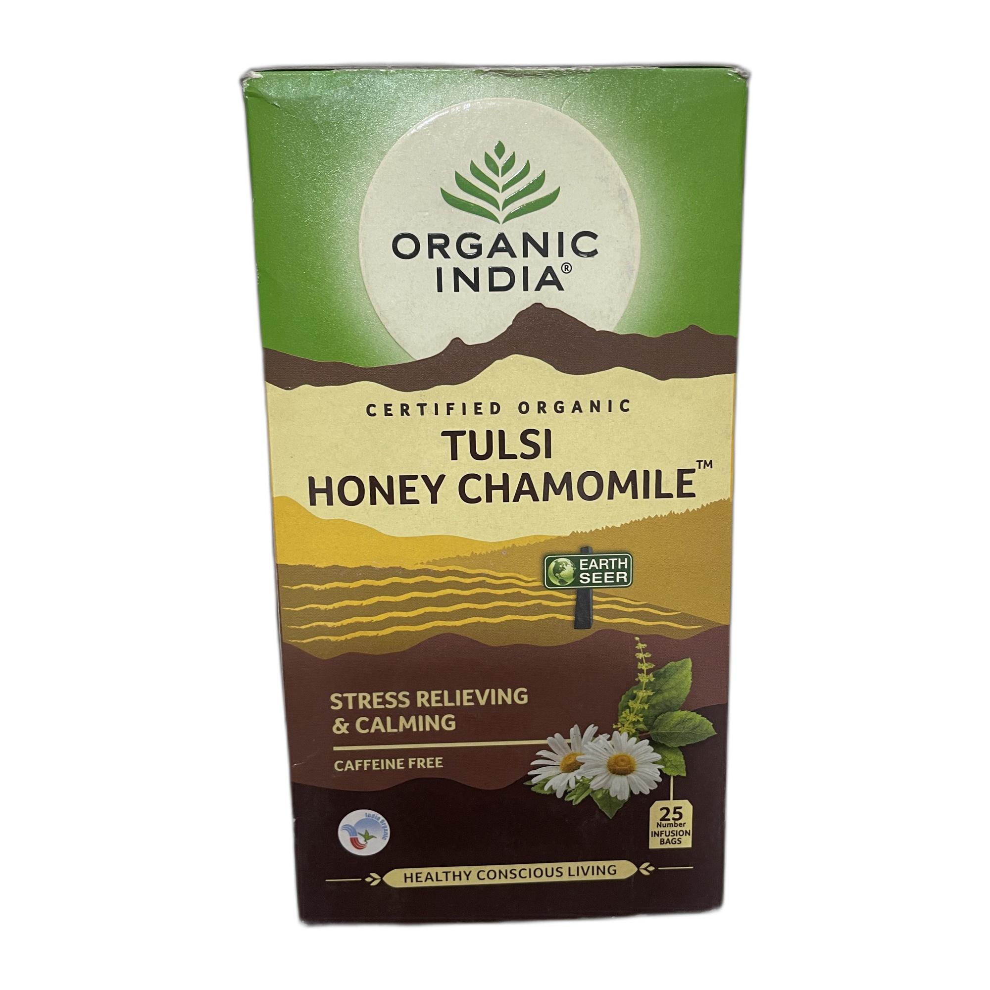 Tapper Tea: Organic India Tulsi Honey Chamomile Infusion - 25 Tea Bags, Certified Organic, Stress Relief, Calming, Promotes Sleep, Caffeine-Free