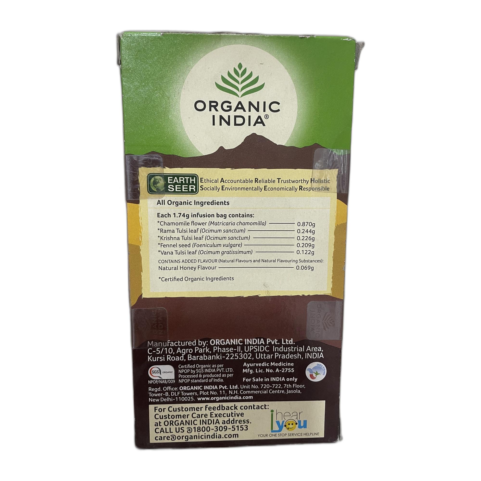 Organic India Tulsi Honey Chamomile Infusion - 25 Tea Bags, Certified Organic, Stress Relief, Calming, Promotes Sleep, Caffeine-Free