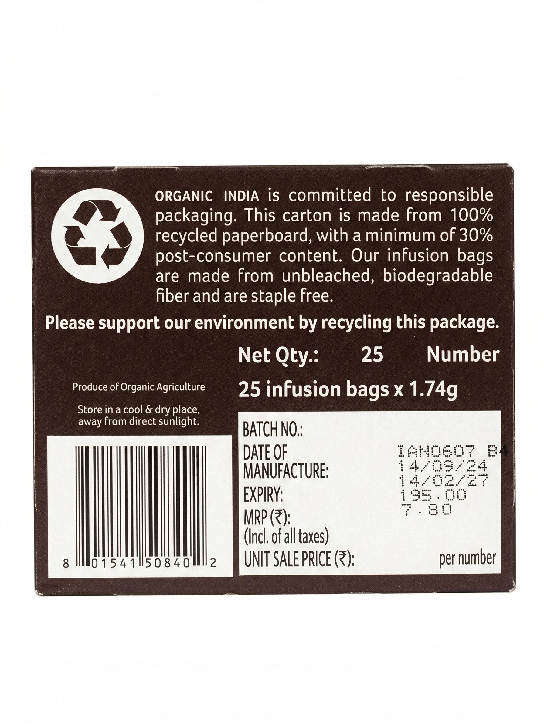 Organic India Tulsi Honey Chamomile Infusion - 25 Tea Bags, Certified Organic, Stress Relief, Calming, Promotes Sleep, Caffeine-Free