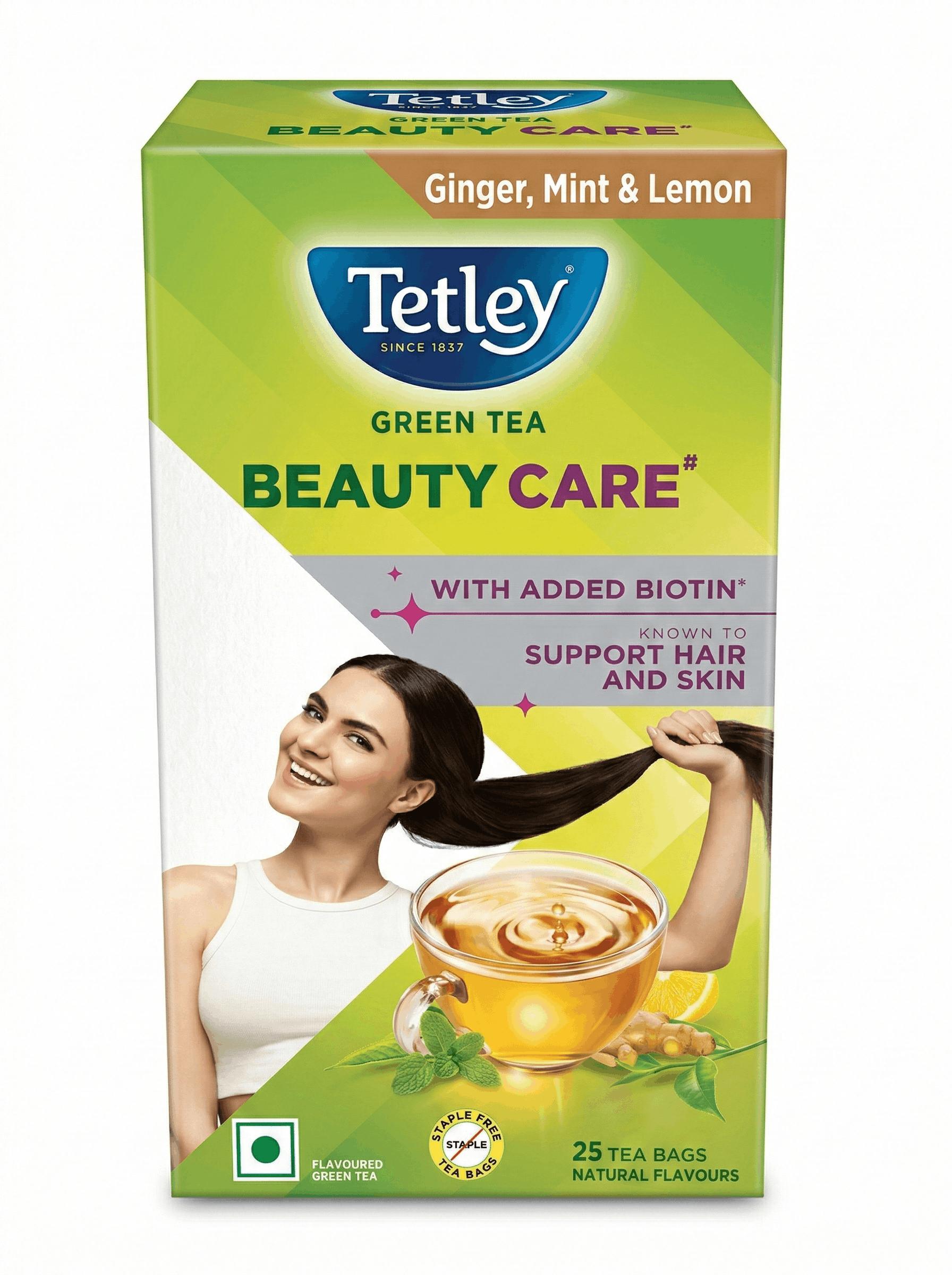 Tetley Green Tea Beauty Care, With Added Biotin, Supports Hair and Skin, 0 Calories, Natural Lemon and Honey Flavors, 25 Sachets (1.4 g each)