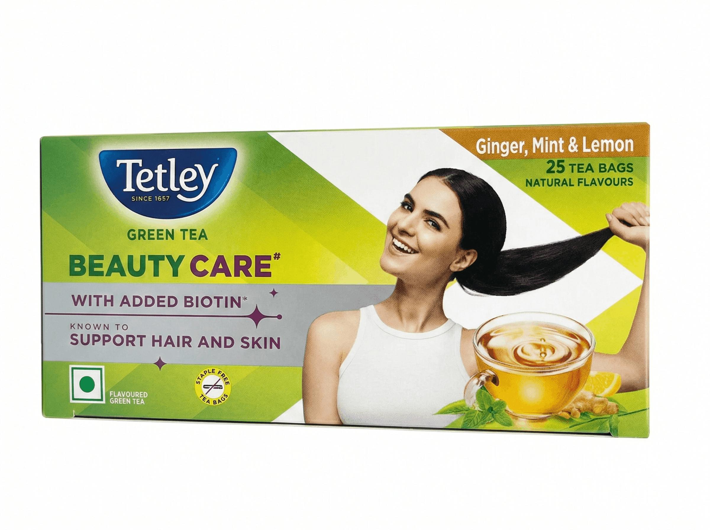 Tetley Green Tea Beauty Care, With Added Biotin, Supports Hair and Skin, 0 Calories, Natural Lemon and Honey Flavors, 25 Sachets (1.4 g each)