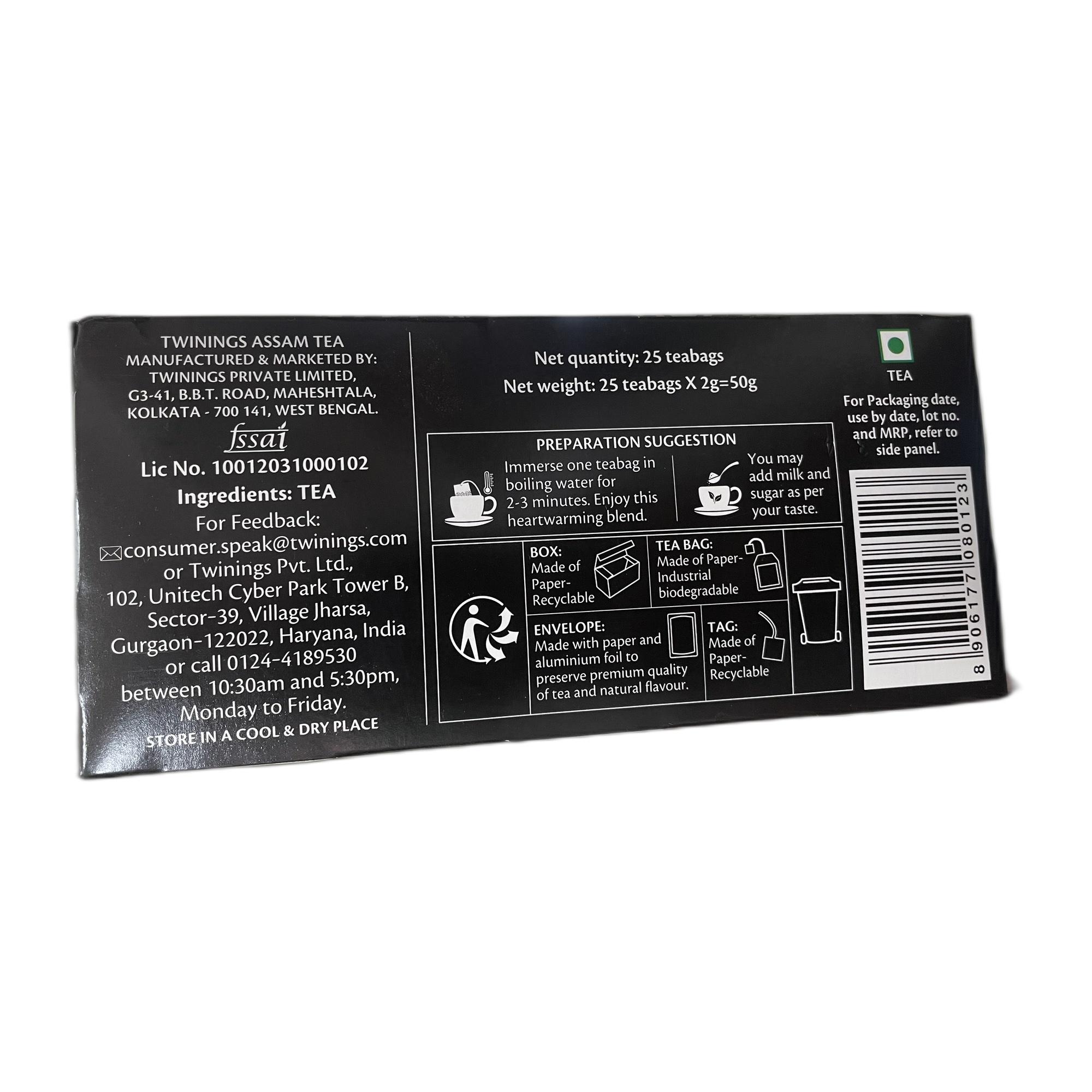 Twinings Assam Tea, 25 Tea Bags, Pack of 1, Strong Strength, Full-bodied, Malty and Robust Flavour, Handpicked Leaves, Enjoy a Hot Cup of Premium Black Tea