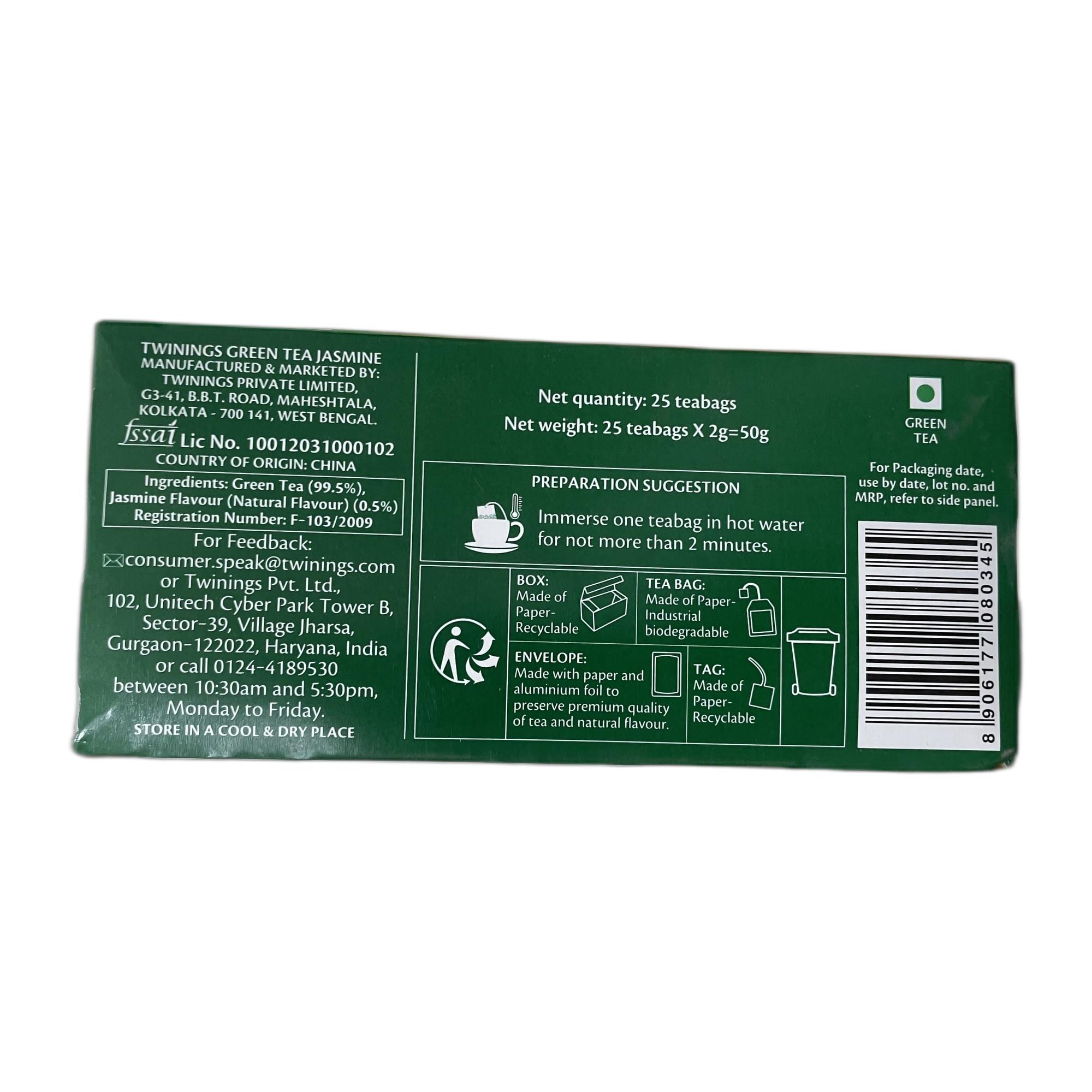 Twinings Green Tea Jasmine (Antioxidant), 25 Tea Bags| Pack of 1| Perfectly Balanced & Refreshing Taste| Light, Flowery Aroma| Low Calorie| Handpicked Green Tea Leaves| Enjoy a Hot Cup of Tea (50g)