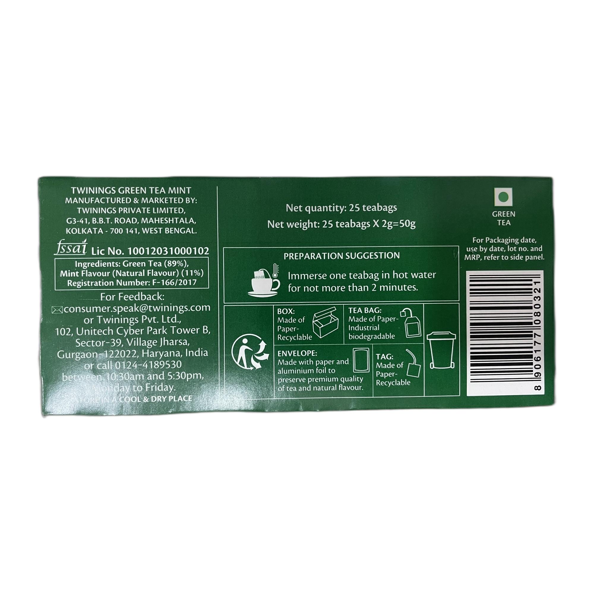 Twinings Green Tea & Mint (Antioxidant), 25 Tea Bags| Pack of 1| Perfectly Balanced & Refreshing Taste| Light, Soothing Flavour| Low Calorie| Handpicked Green Tea Leaves| Enjoy as Hot or Iced Tea (50g)