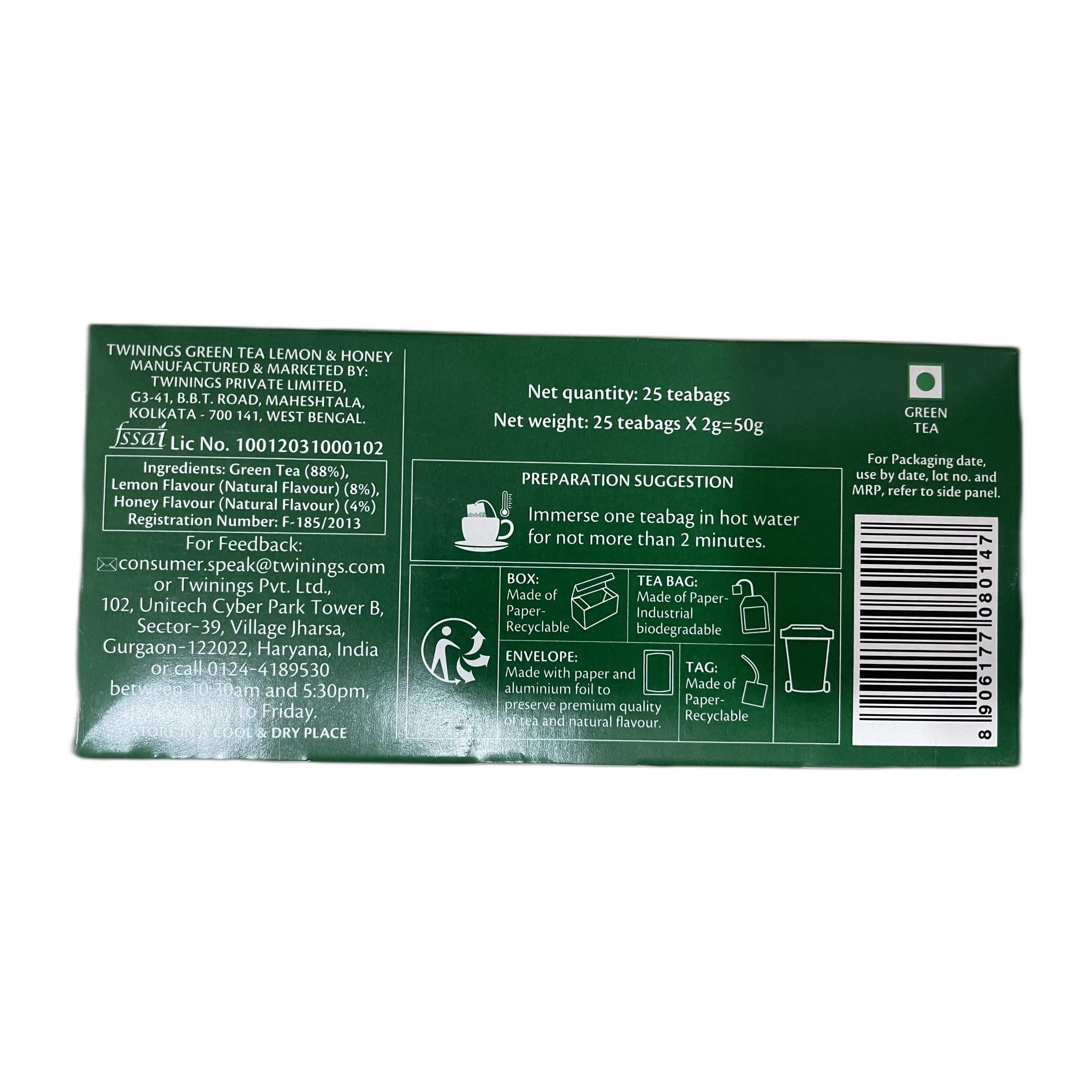 Twinings Green Tea & Lemon & Honey (Antioxidant), 25 Tea Bags| Pack of 1| Deliciously Sweet & Tangy Lemon | Handpicked Green Tea Leaves| Enjoy as Hot or Iced Tea (50g)