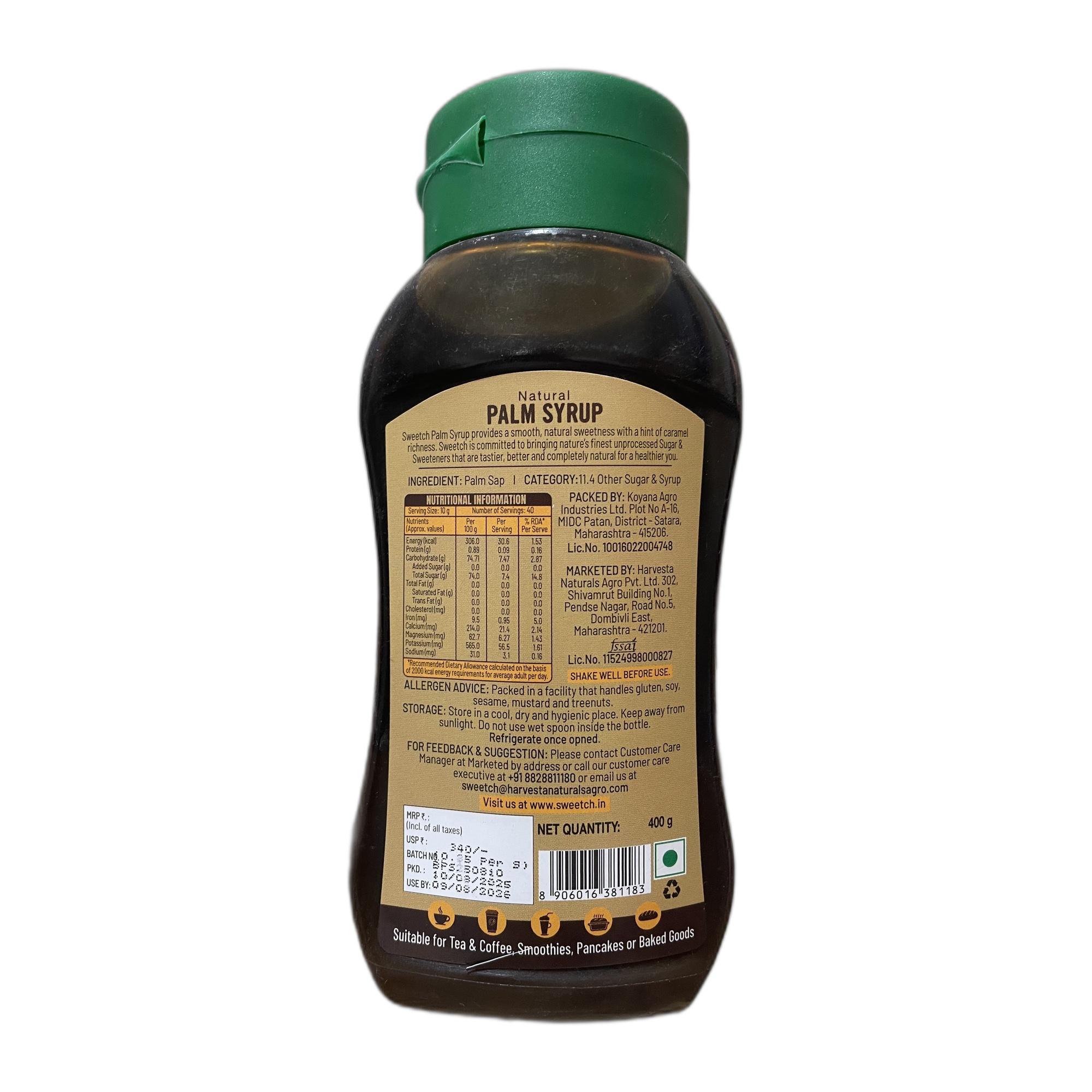 Sweetch Palm Syrup 400 gm | Unrefined, Sugar Alternative | Use with Milk, Cookies, Coffee, Pancakes, Baking & Toppings | Low GI, Contains Minerals | Natural Sweetener, No added Sugar (Pack of 1)